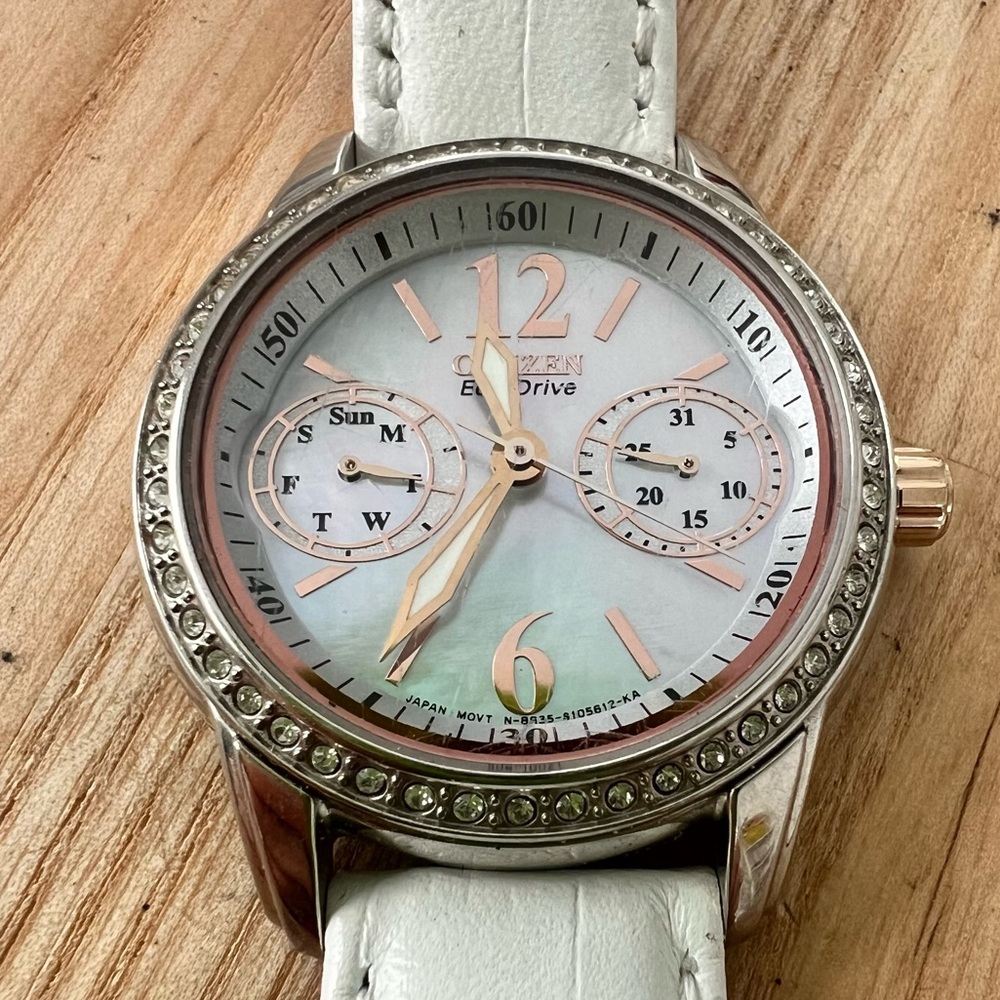Citizen eco-drive ladies mother of pearl dial white leather dress watch